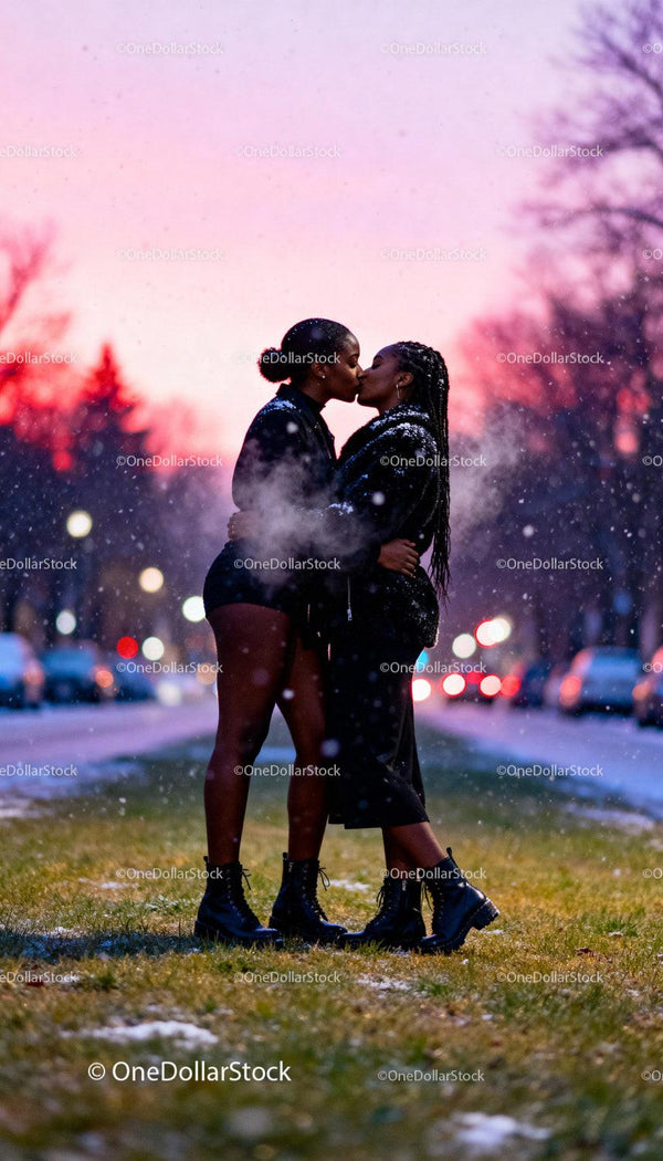 Two women sharing a tender kiss on a snowy evening