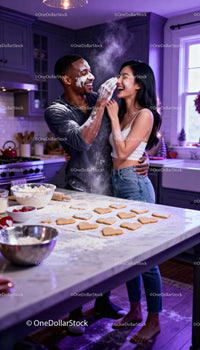 Couple Playfully Baking Heart Cookies Together