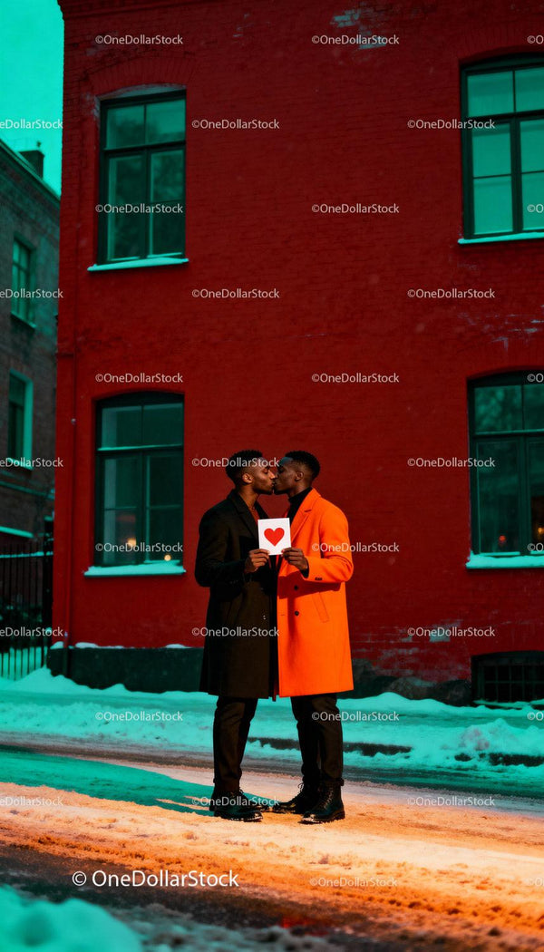 Couple sharing a tender kiss with heart card outdoors