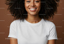 Joyful Woman with Curly Hair Wearing White T-Shirt