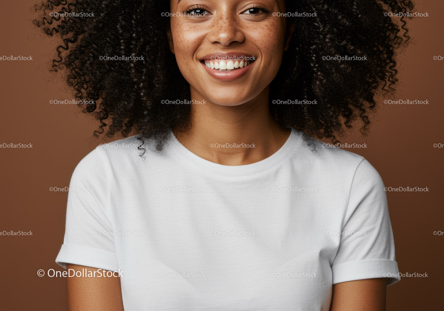 Joyful Woman with Curly Hair Wearing White T-Shirt
