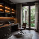 Cozy home office with garden view and leather chair