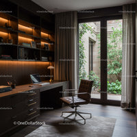 Cozy home office with garden view and leather chair