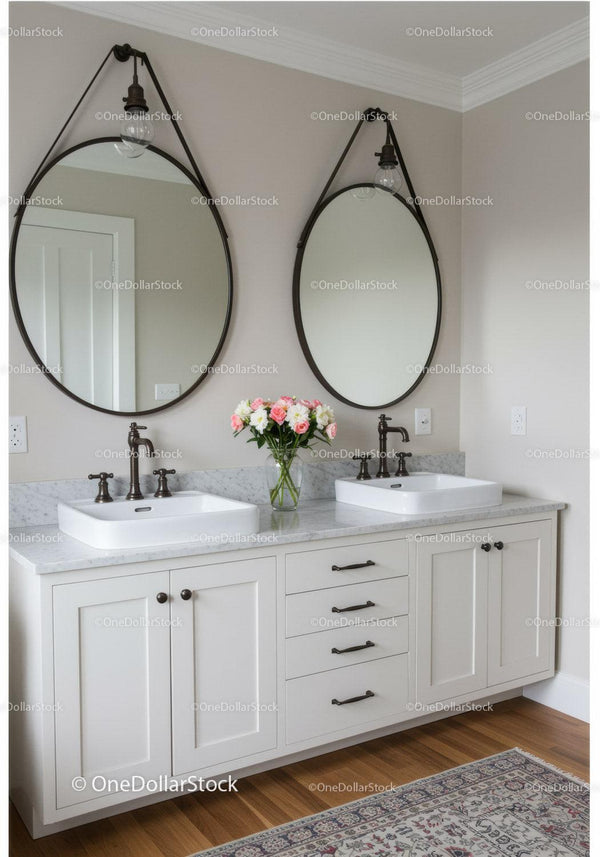 Elegant Bathroom Vanity with Double Sinks and Vintage Mirrors