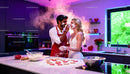 Couple playfully baking heart cookies in modern kitchen