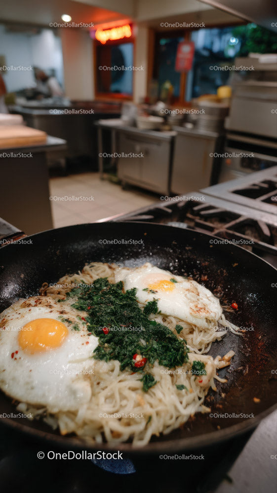 Fried Egg Noodles with Greens in a Black Skillet Ready to Serve