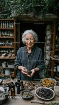 Senior Woman Engaged in Herbal Remedies with Dried Plants in Rustic Setting