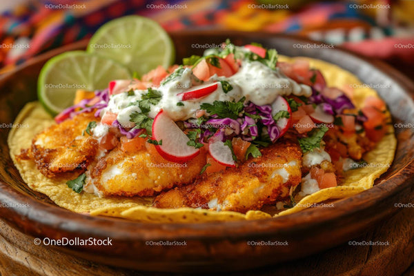 Kolorowe Tacos z Rybą, Świeżymi Warzywami i Limetką na Drewnianym Talerzu