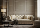 Cozy beige living room with plush sofa and soft lighting