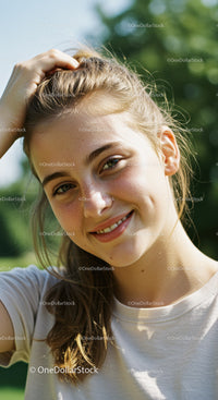 Smiling Young Woman Outdoors in Sunshine with Natural Light