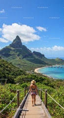 Tropical Mountain Landscape with Woman Walking on Wooden Pathway