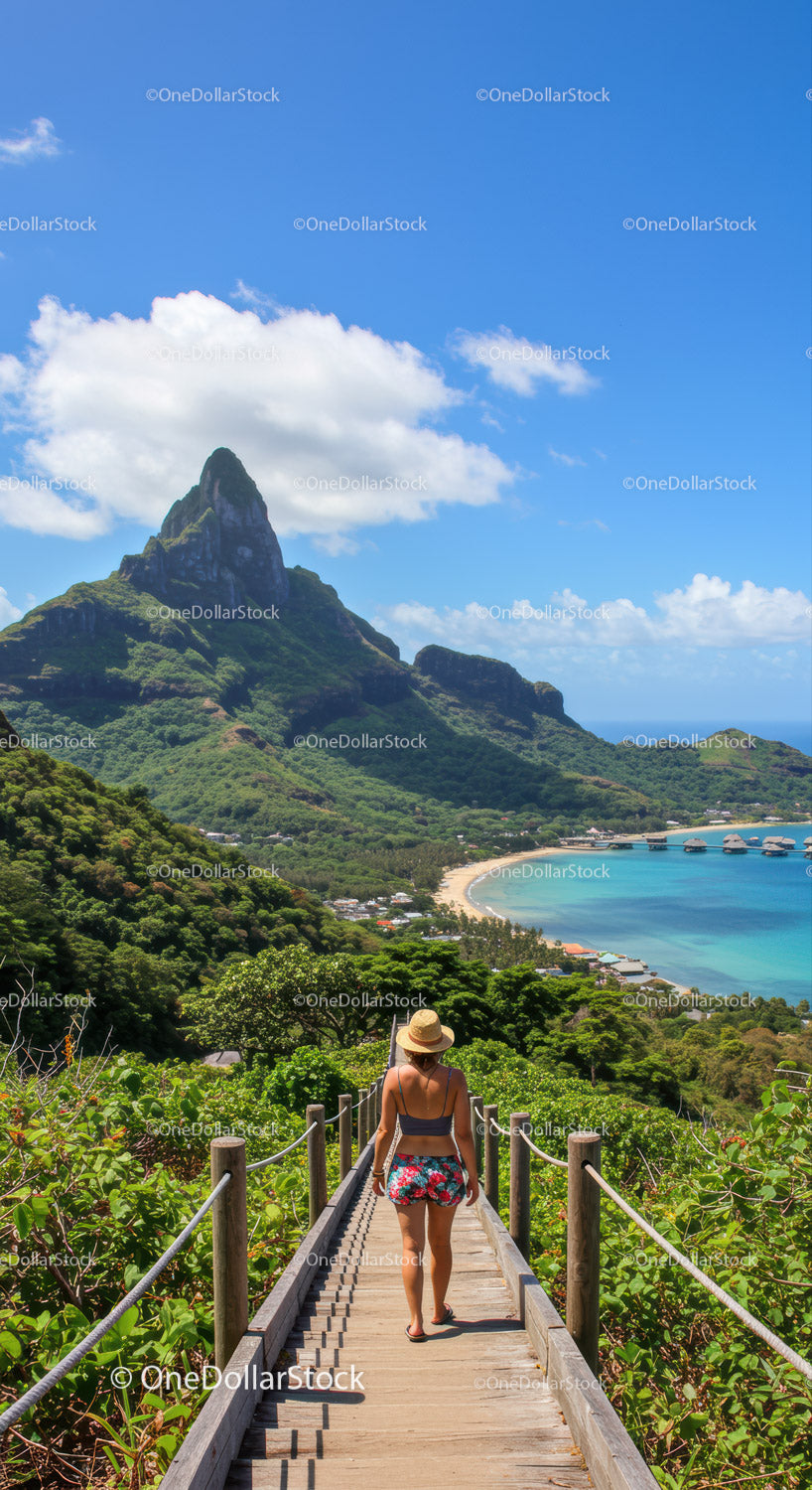 Tropical Mountain Landscape with Woman Walking on Wooden Pathway