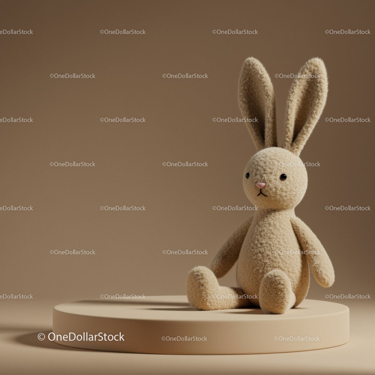 Soft plush bunny toy sitting on round platform