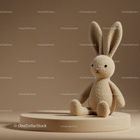 Soft plush bunny toy sitting on round platform