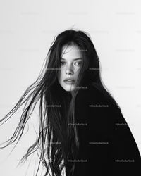 Monochrome Portrait of a Woman with Wet Hair and Intense Expression