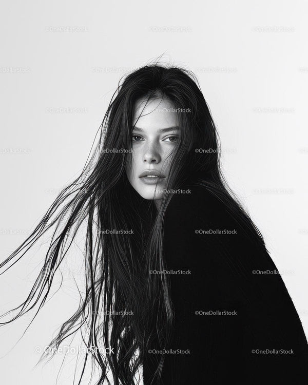 Monochrome Portrait of a Woman with Wet Hair and Intense Expression