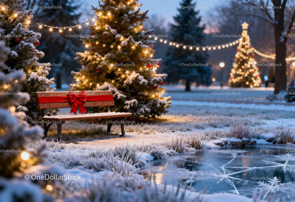 Snowy park bench with festive Christmas tree lights