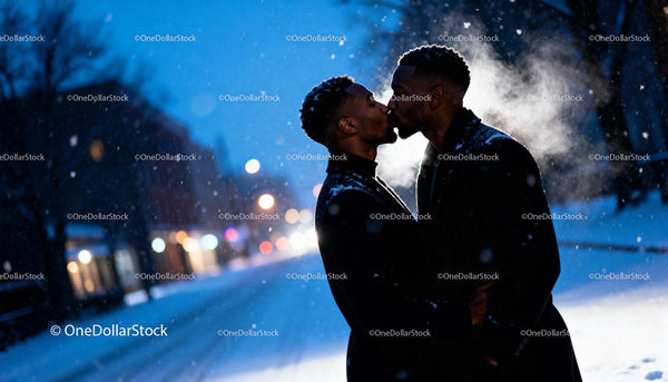 Couple sharing a tender kiss on snowy winter evening