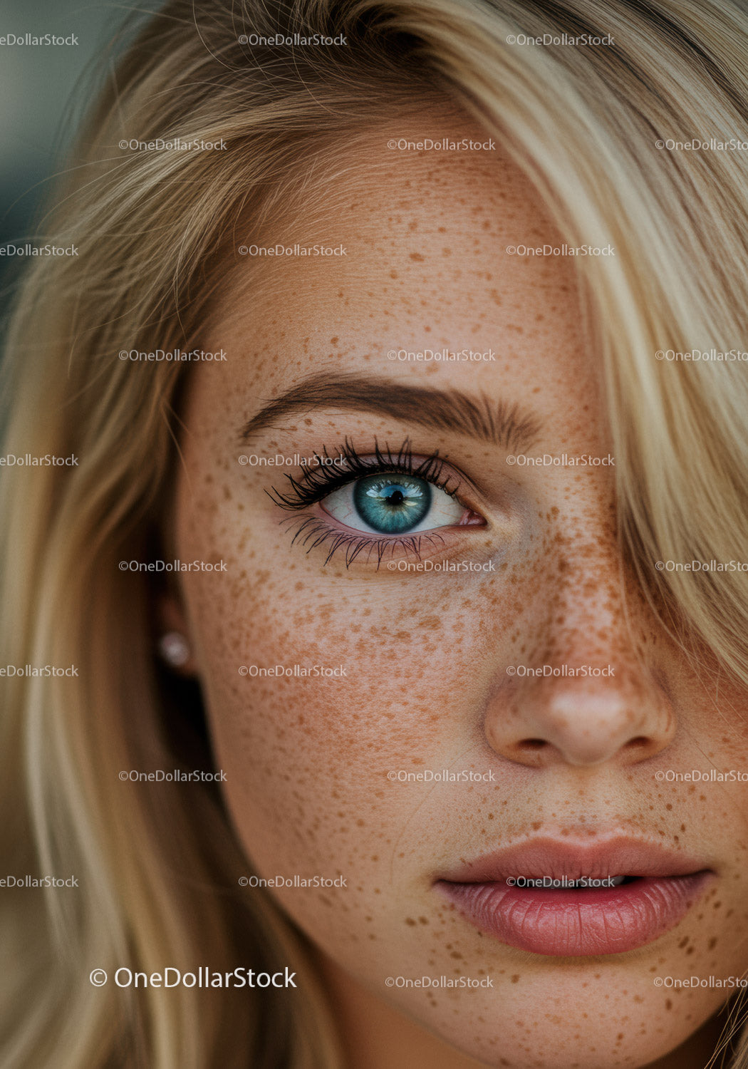 Close up of young woman with blue eye and freckles