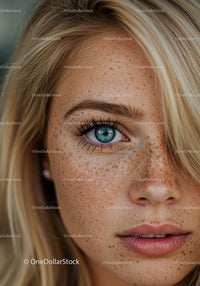 Close up of young woman with blue eye and freckles