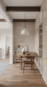 Minimalist dining area with wooden table and neutral tones