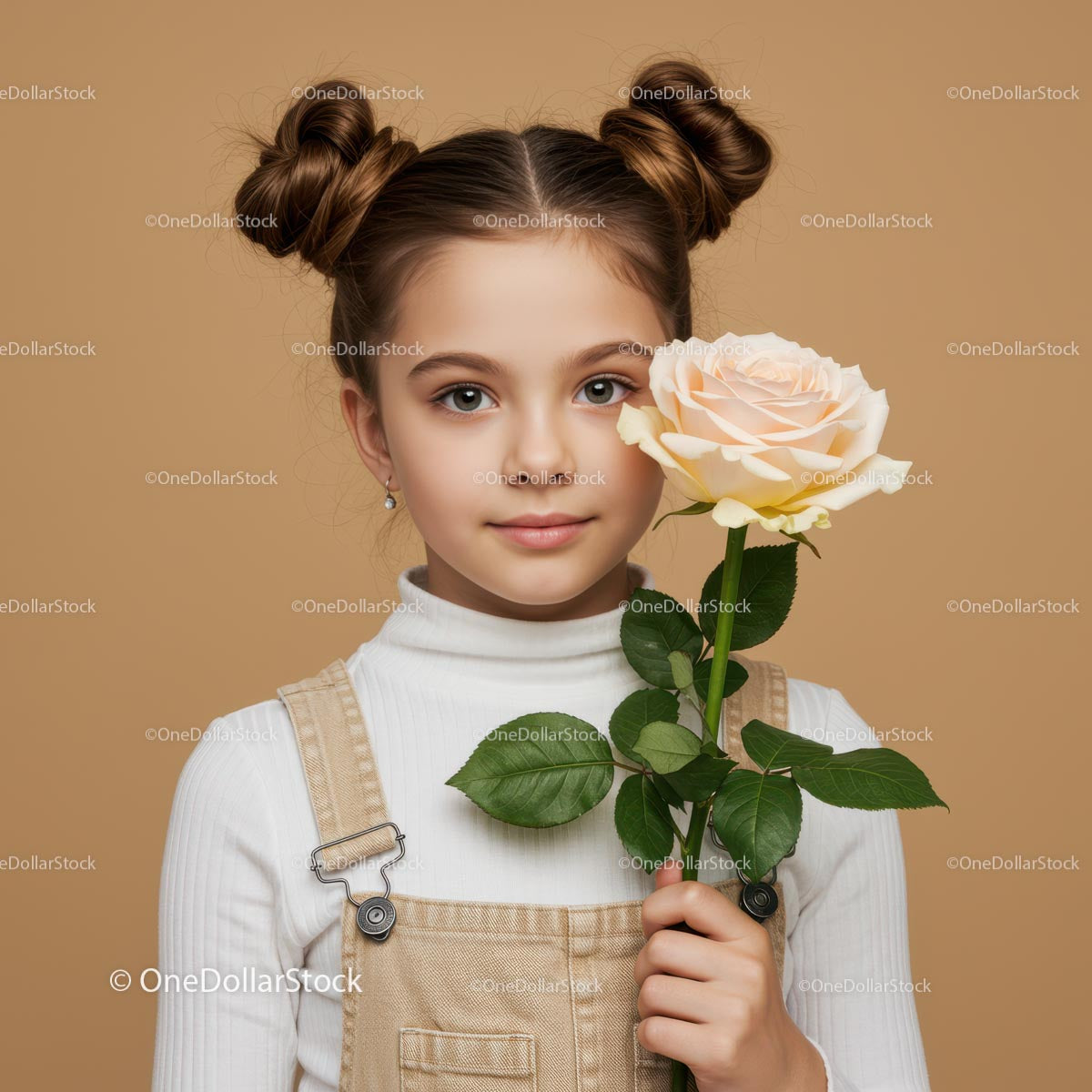 Young Girl Holding a Pale Pink Rose Portrait with Soft Background
