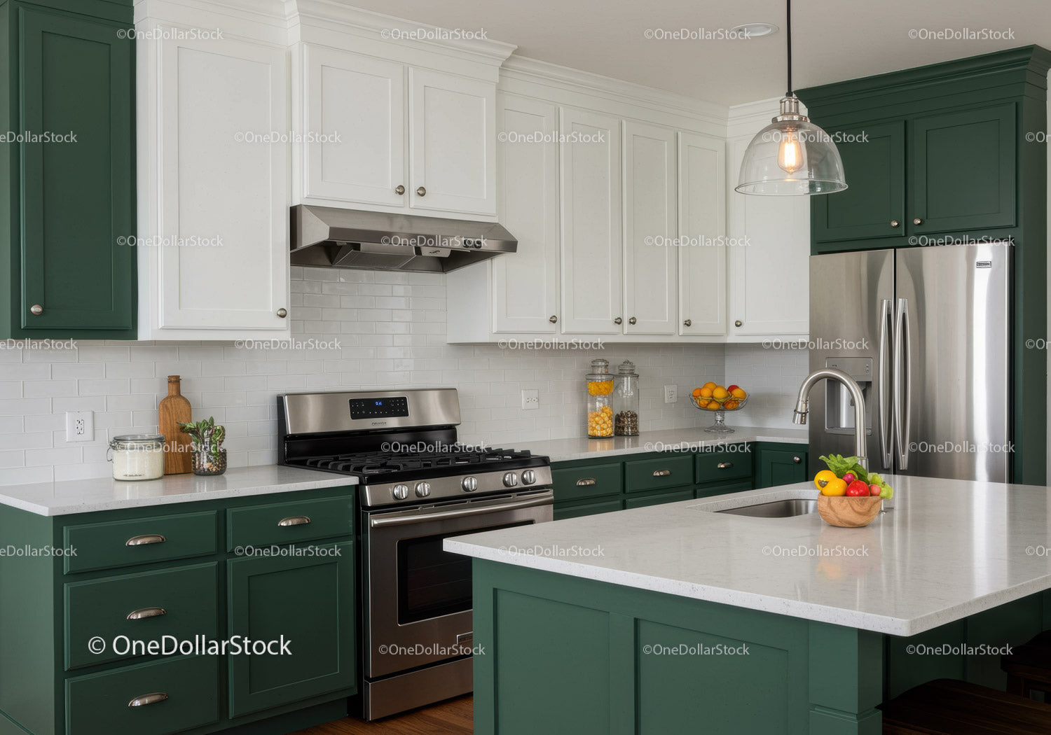Modern Kitchen with Green Cabinets and Stainless Steel Appliances