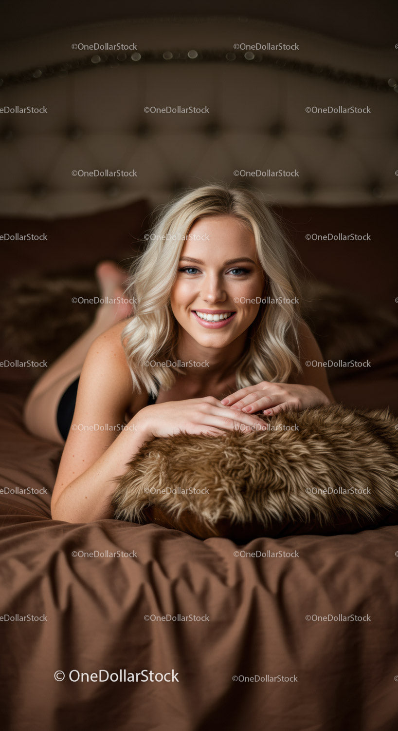 Smiling young woman relaxing on cozy brown bed