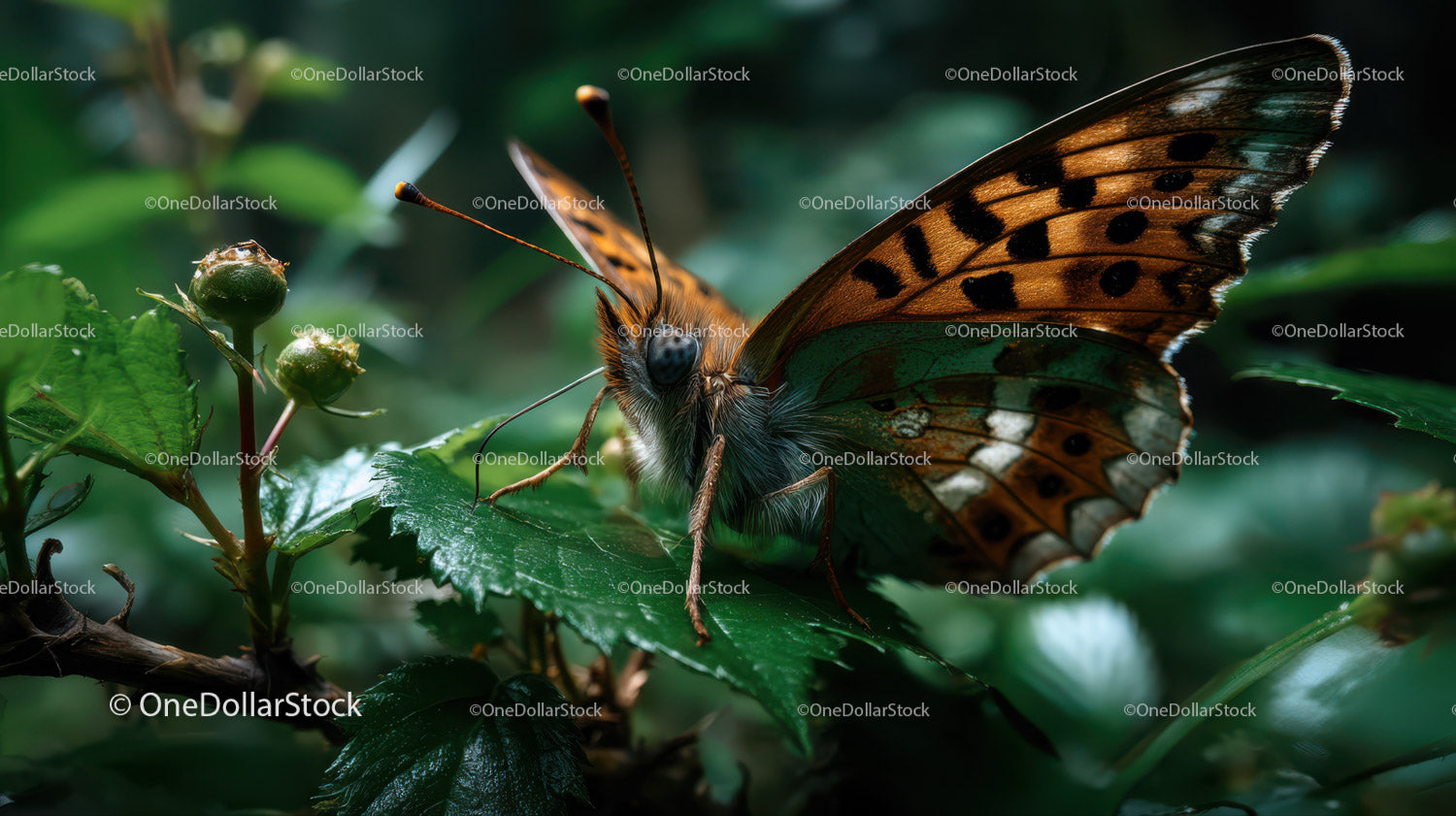Jaskrawo pomarańczowy i czarny motyl odpoczywający na zielonym liściu w naturze