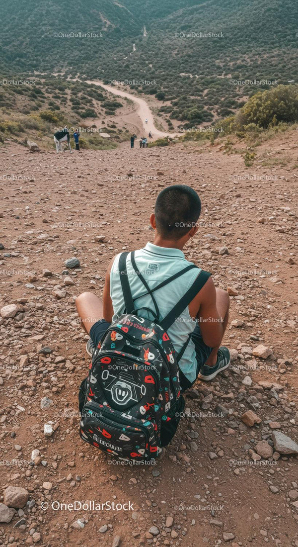 Boy Resting on Rocky Hilltop Overlooking Mountain Trail Outdoor Scene