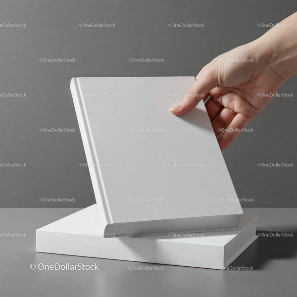 Person Holding Blank White Book on Gray Surface JPG Mockup Image