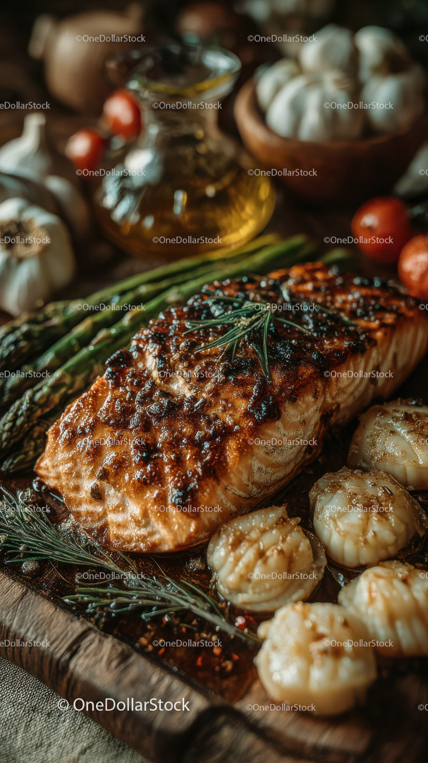 Gourmet Grilled Salmon with Asparagus and Garlic Cloves