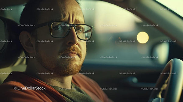 Man with Glasses Pensive Expression While Driving Car in Daylight