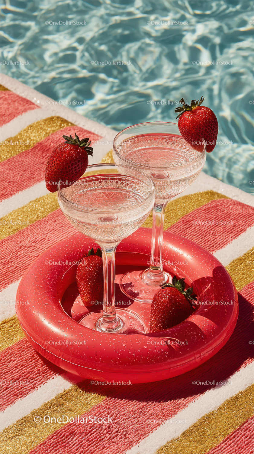 Summer Poolside with Strawberries and Refreshing Drinks