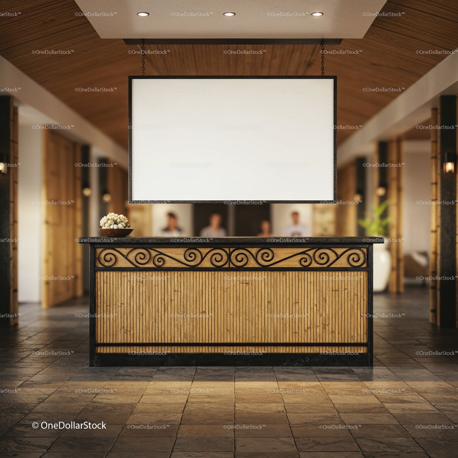 Elegant wooden reception desk in warm hotel lobby