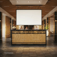 Elegant wooden reception desk in warm hotel lobby