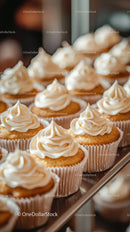 Vanilla Cupcakes with Creamy Frosting on Bakery Tray