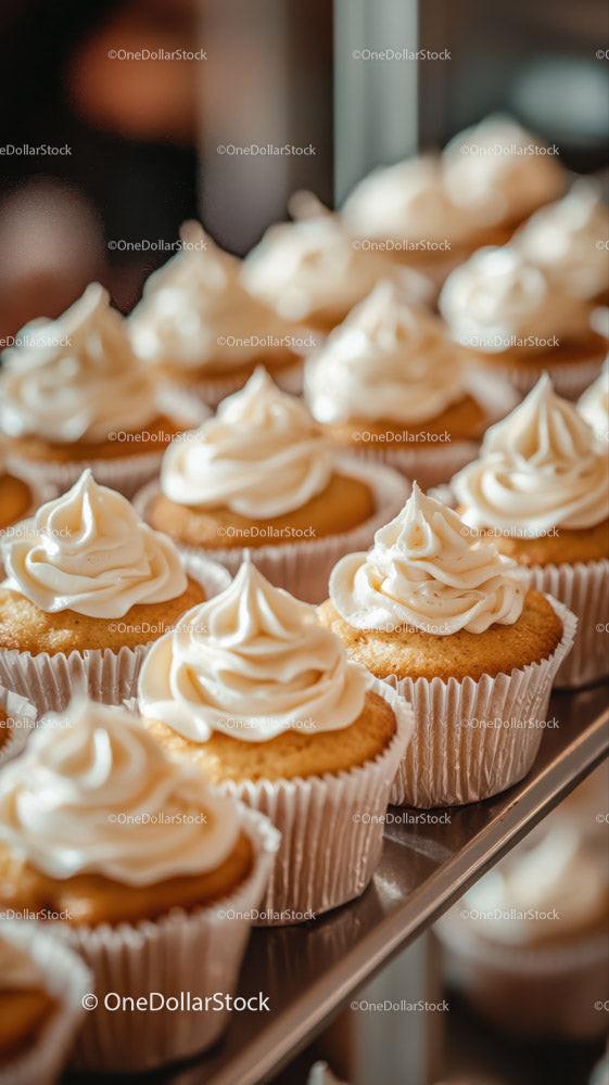 Vanilla Cupcakes with Creamy Frosting on Bakery Tray