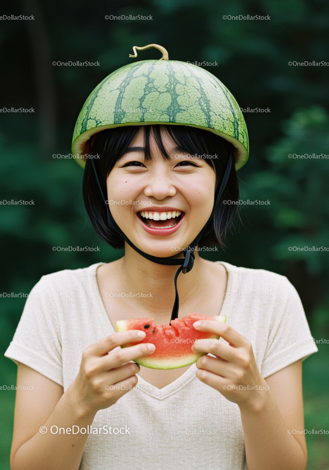Young woman wearing watermelon helmet and eating slice