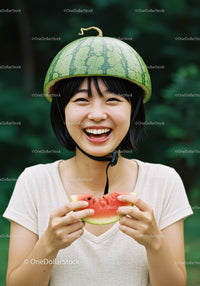 Young woman wearing watermelon helmet and eating slice
