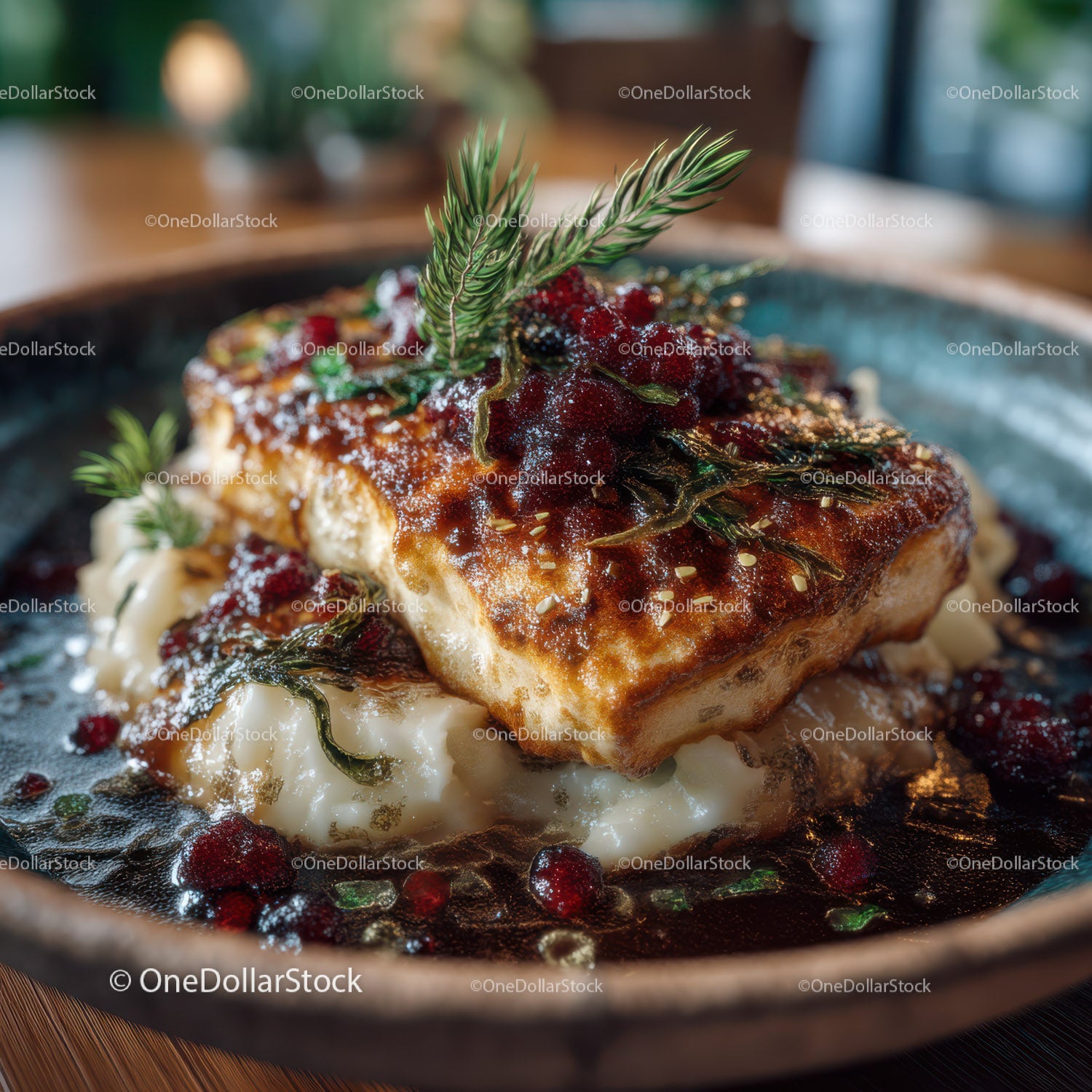 Seared Fish Fillet with Berry Sauce and Mashed Potatoes