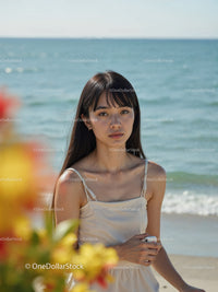 Elegant Woman in White Dress Sitting by Relaxing Seaside Landscape