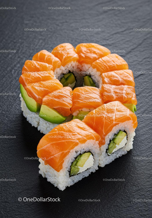 Fresh salmon and avocado sushi roll on black surface