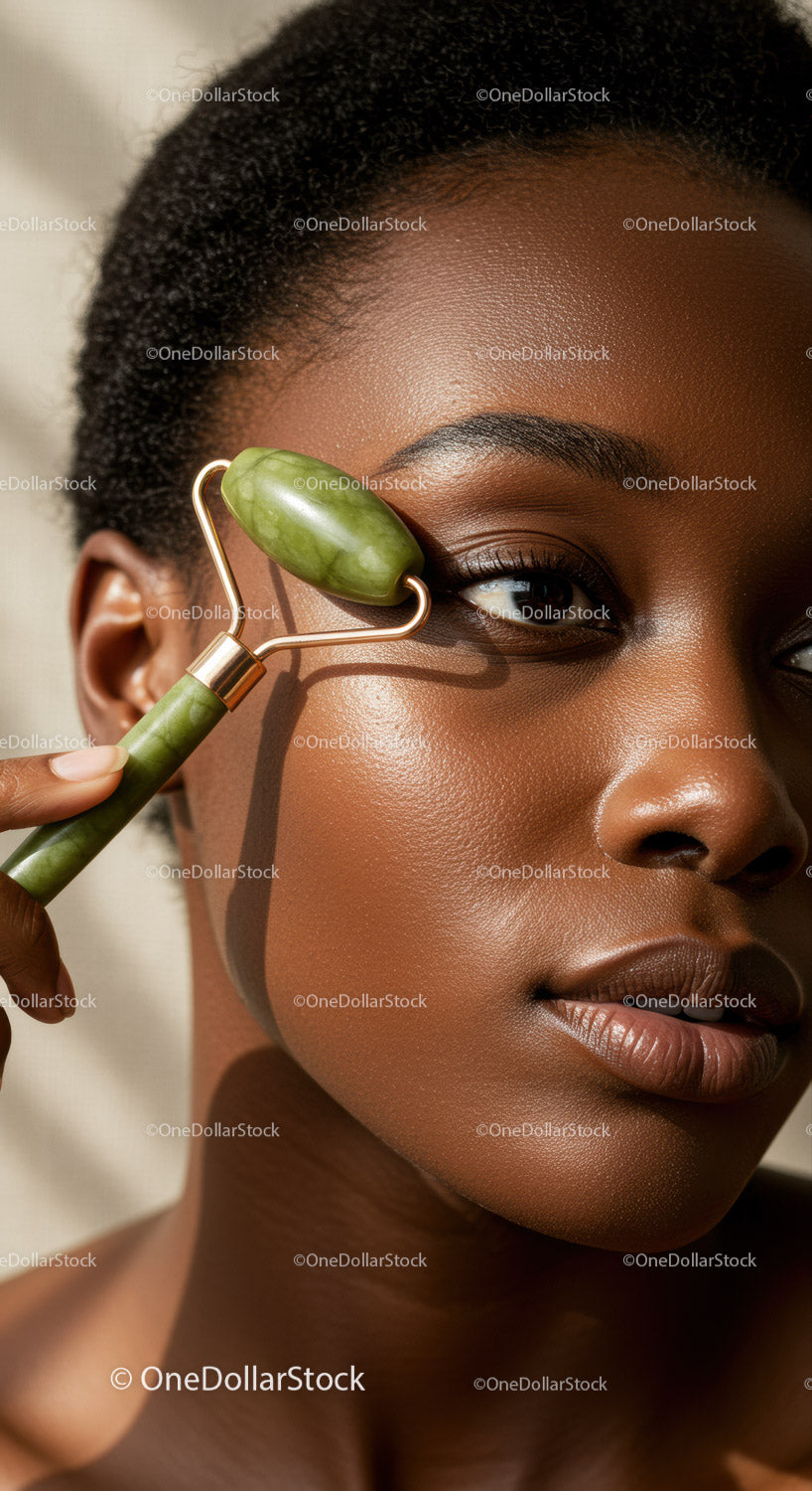 Close-up of an African woman using a jade roller for skincare facial massage