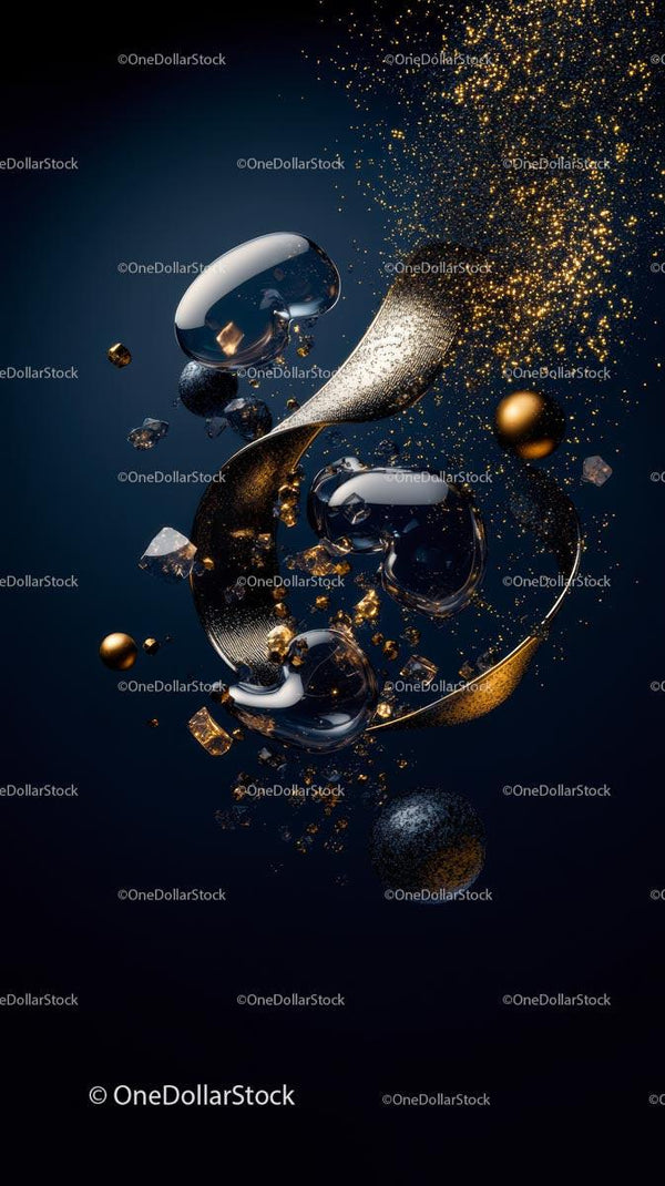 Abstract Digital Art with Gold and Silver Spheres and Sparkling Particles