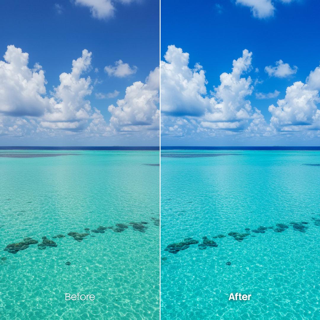 Before and after Ocean LUT Pack effect