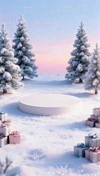 Winter scene with gift boxes and snowy pine trees