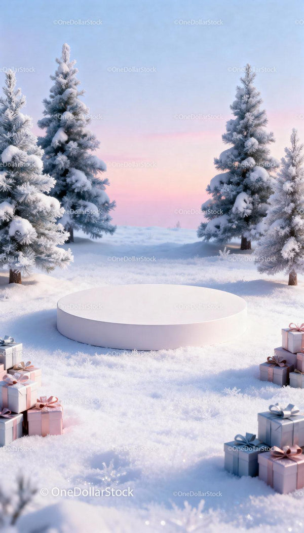 Winter scene with gift boxes and snowy pine trees