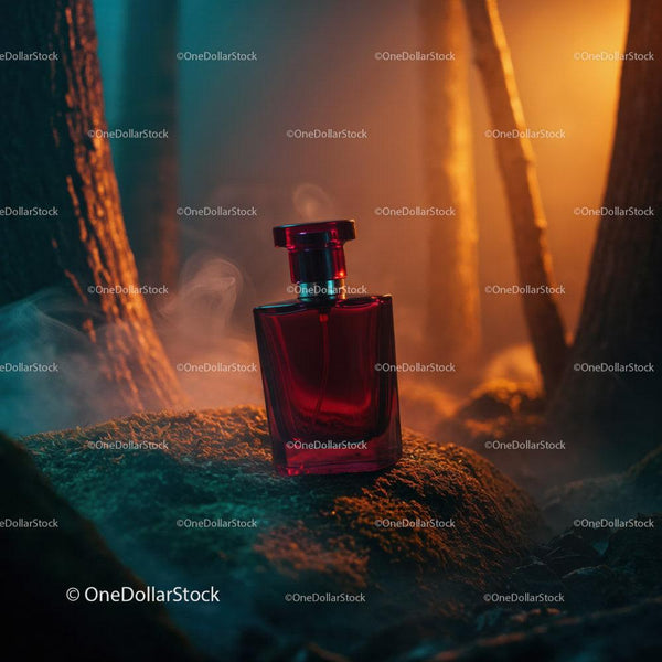 Red Perfume Bottle in Enchanting Forest Scene with Ambient Lighting JPG Mockup Image
