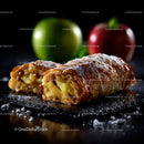 Fresh Apple Strudel with Dried Berries and Powdered Sugar on Black Surface